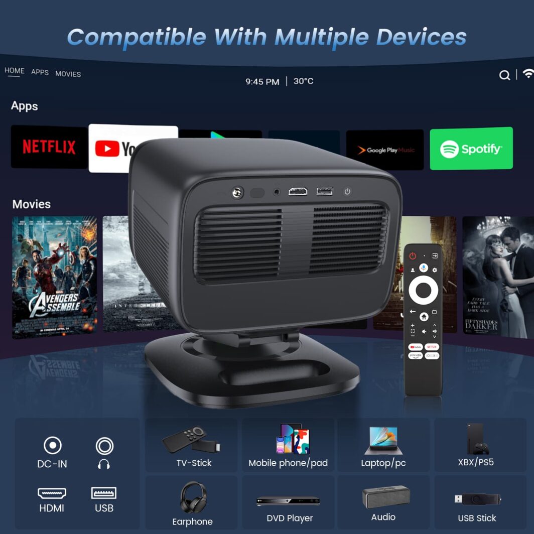 TV projector in bedroom with HDMI, AUX, and USB-A ports