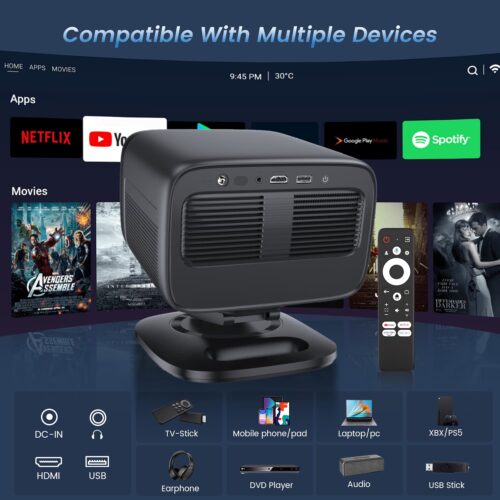 TV projector in bedroom with HDMI, AUX, and USB-A ports