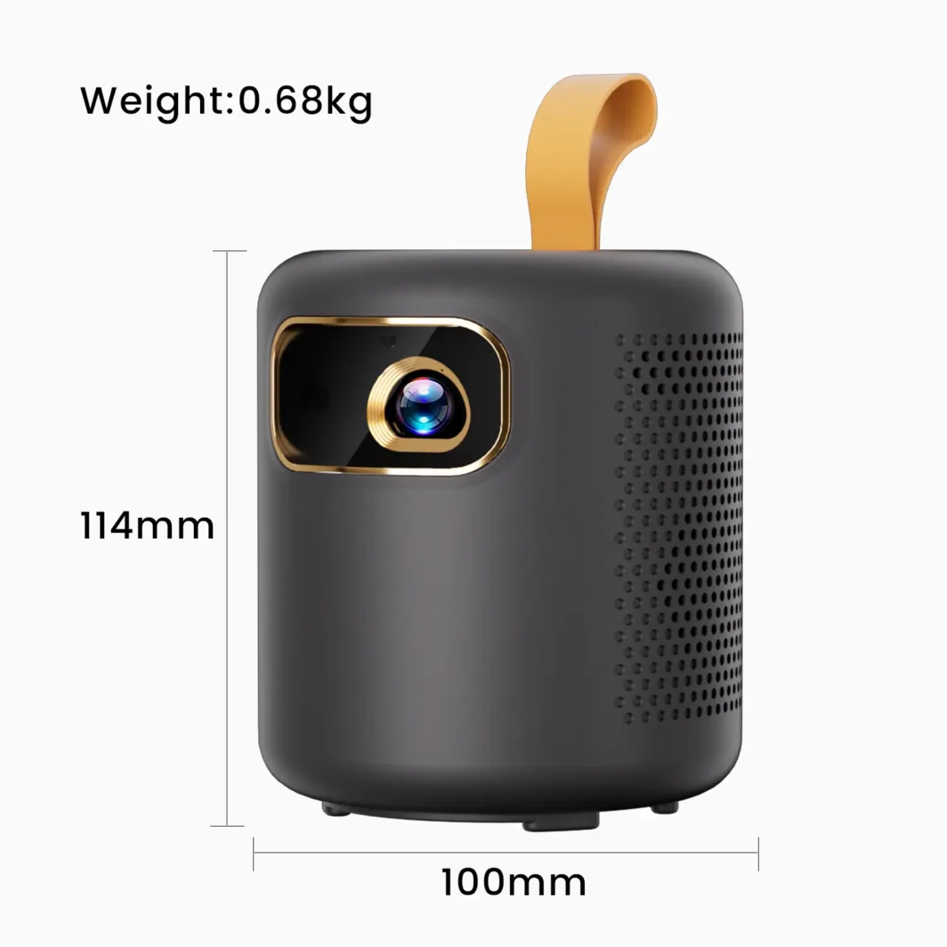 Mini 4K projector with labeled dimensions and weight