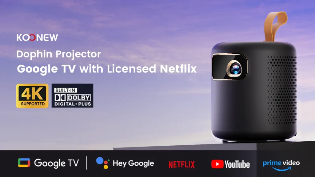 Multifunctional 4K mini projector with Google TV, Chromecast, and voice control support