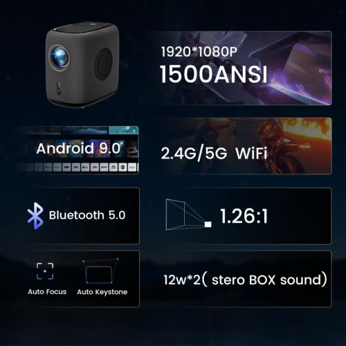 Smart projector with stereo speakers for living room use