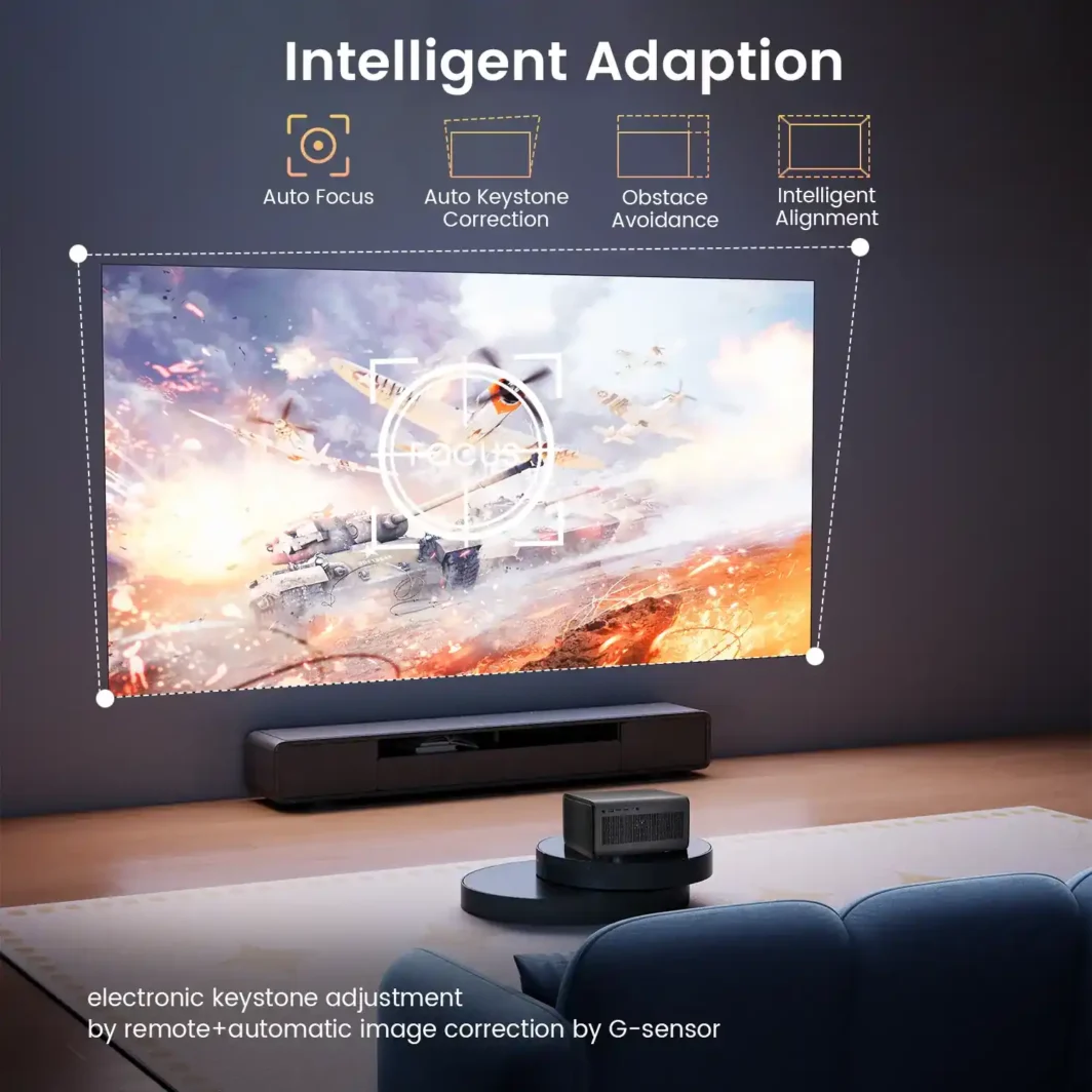 Bedroom TV projector with auto keystone correction and autofocus