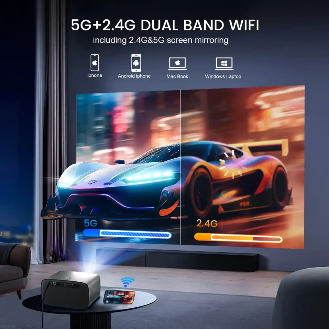 HD video projector with WiFi and wireless screen mirroring