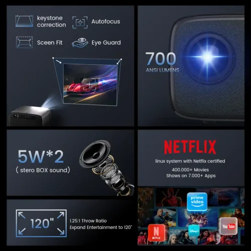 Smart UHD projector with stereo speakers and high brightness