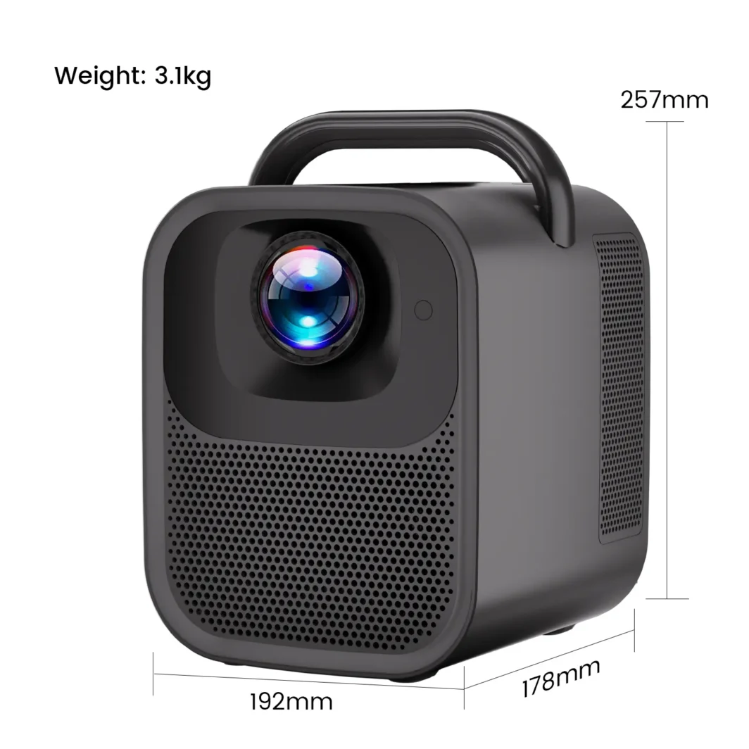 Handheld projector with labeled dimensions and weight