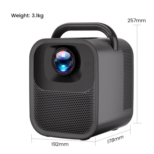 Handheld projector with labeled dimensions and weight
