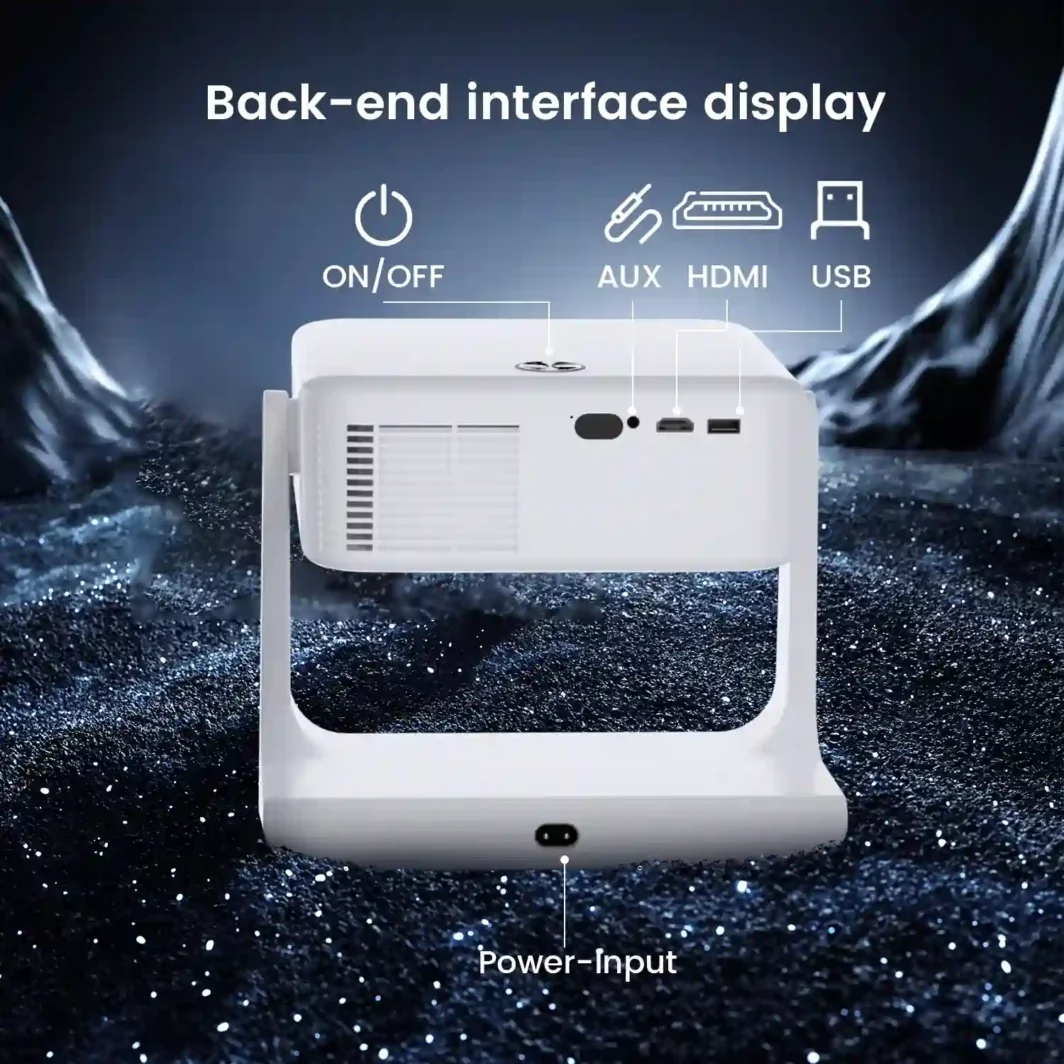 Bedroom projector TV with HDMI, AUX, and USB-A ports