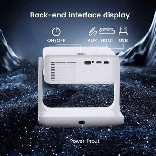 Bedroom projector TV with HDMI, AUX, and USB-A ports