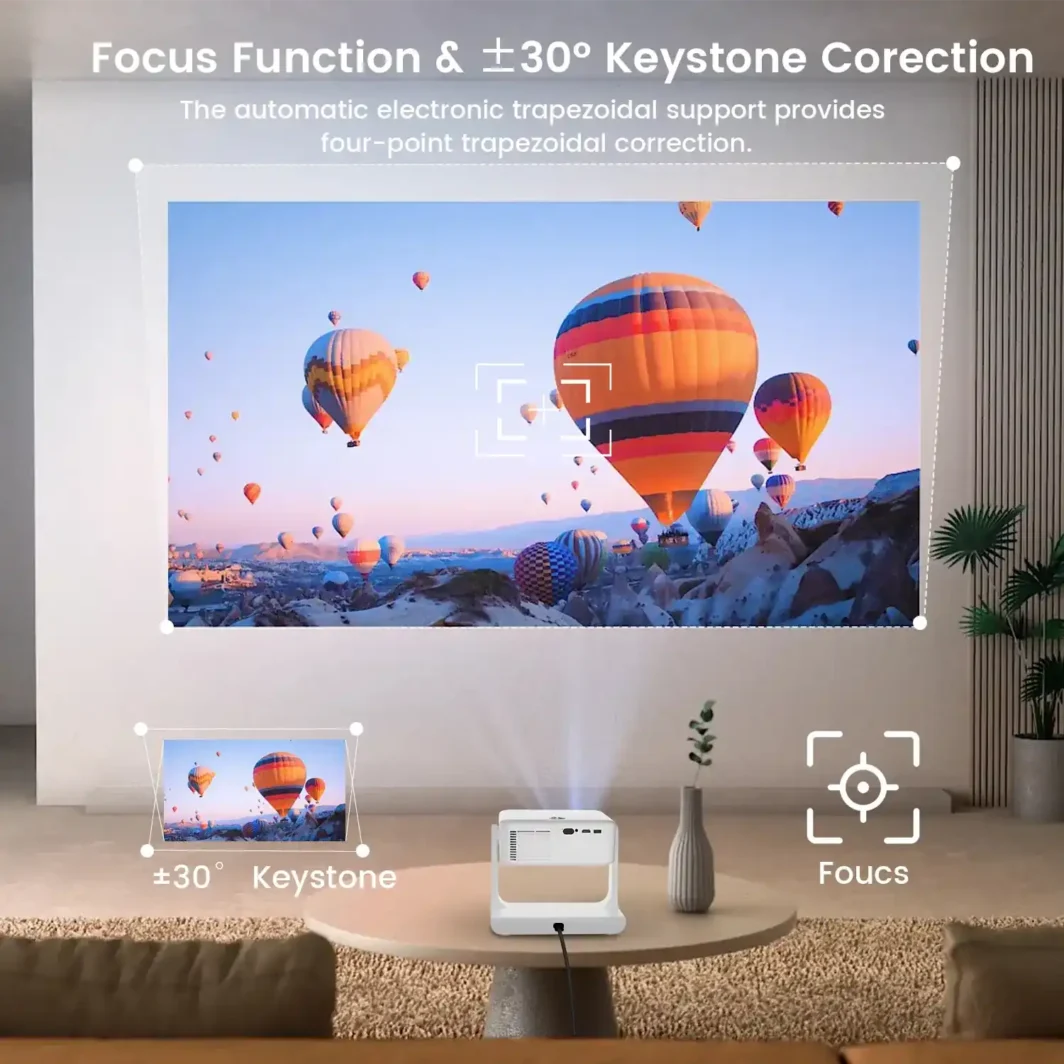 LCD display projector with auto-focus and keystone correction