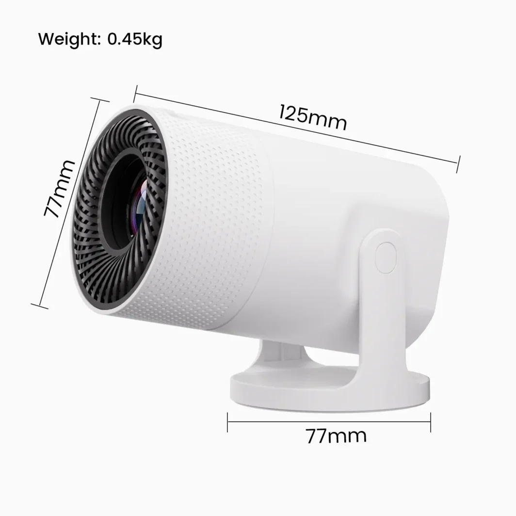 Smart mini projector with clearly marked dimensions and weight